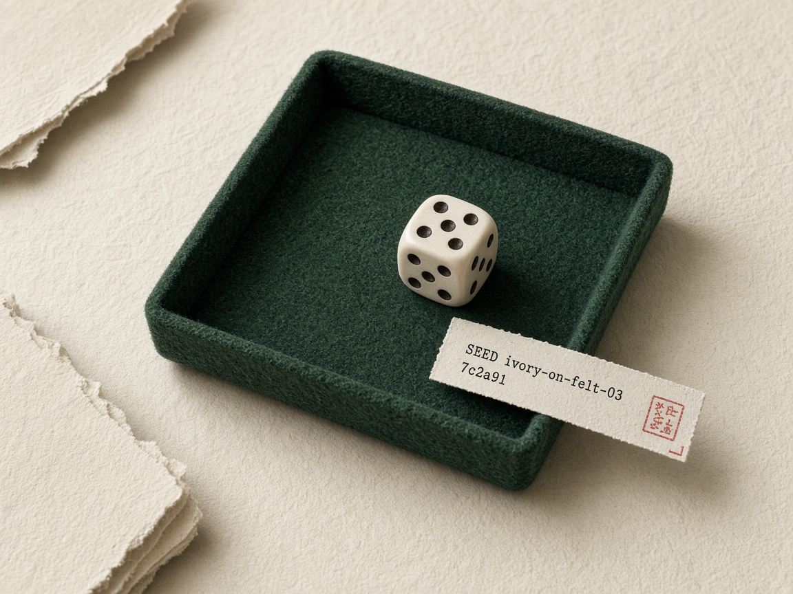 Ivory die beside a printed seed strip on deep green felt